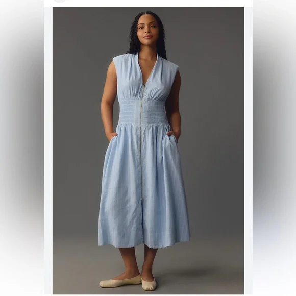 Anthropologie The Tommie Cap-Sleeve Smocked Front-Zip Shirt Dress Size 2X - Picture 1 of 9